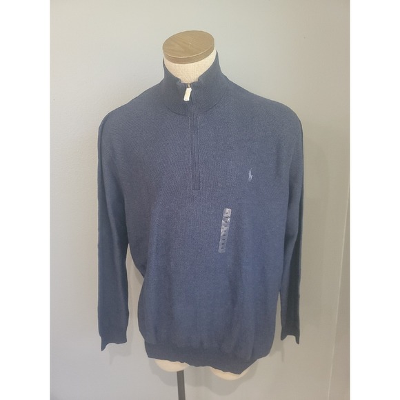 Polo Ralph Lauren Long Sleeve Waffle Textured 1/4 Zip Sweater Heather Navy Blue